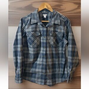 Carhartt Women’s Rollup Sleeve Plaid Poplin Shirt Stretch Blue Gray Size L 12/14